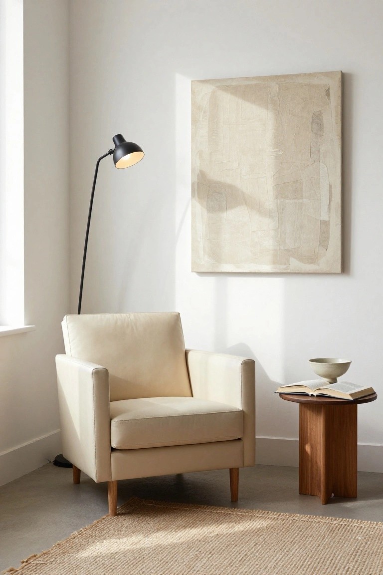 Cream leather armchair in room corner beside wooden tripod side table holding open book and ceramic bowl, lit by black arched floor lamp, large beige abstract painting on white wall, seagrass rug on concrete floor.
