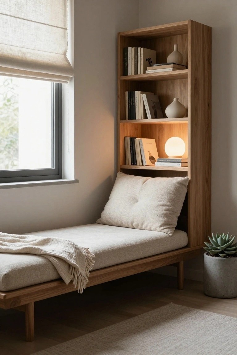 Tall open wooden bookshelf unit in room corner integrated with low daybed at base, beige cushions and throw blanket, books on shelves, orb lamp, succulent in gray pot, near window with linen blinds.