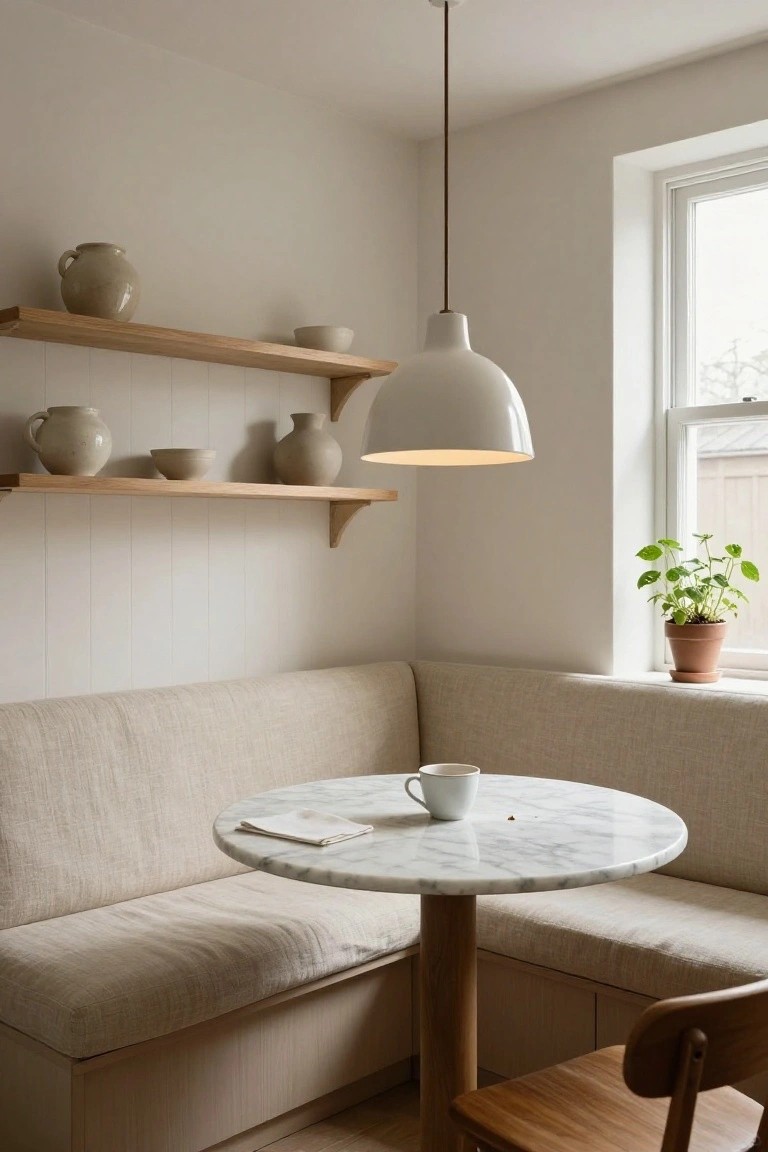 Light beige corner booth with cushions seats around a round white marble pedestal table in a white-walled room, with wooden shelves holding beige ceramic vases and bowls, a white pendant light overhead, a potted plant on the windowsill, and a wooden chair nearby.