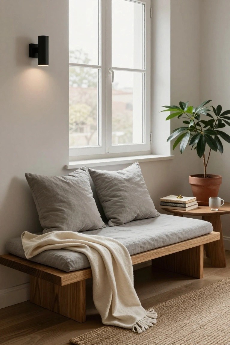 A low wooden daybed with gray linen cushions and a white throw blanket sits by a large white-framed window in a white-walled room, next to a potted plant, small wooden side table with stacked books and a white mug, and a black wall-mounted lamp.