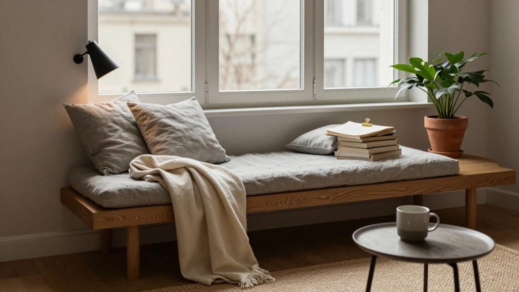 A low wooden daybed with gray linen cushions and a white throw blanket sits by a large white-framed window in a white-walled room, next to a potted plant, small wooden side table with stacked books and a white mug, and a black wall-mounted lamp.
