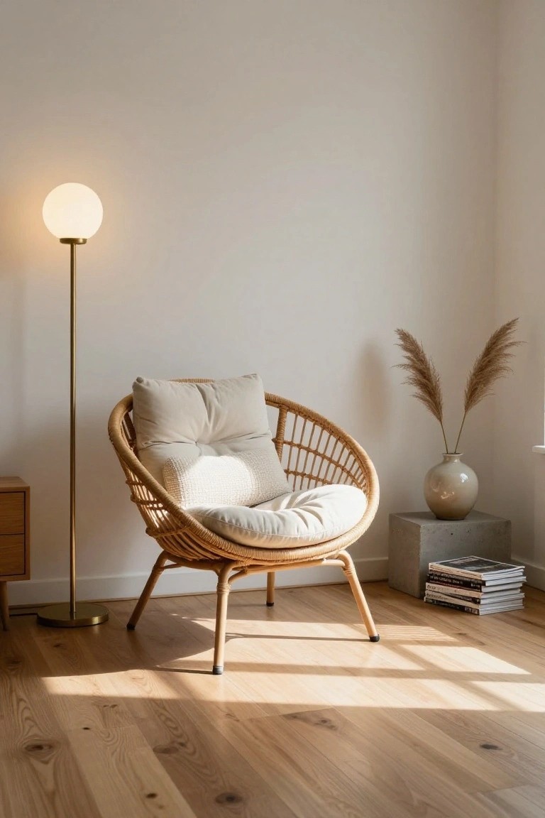 Beige rattan egg chair with cream cushions in a sunlit white-walled room corner, beside a gold floor lamp with white globe shade, pampas grass in a ceramic vase on concrete pedestal, stacks of magazines, and light wood flooring.