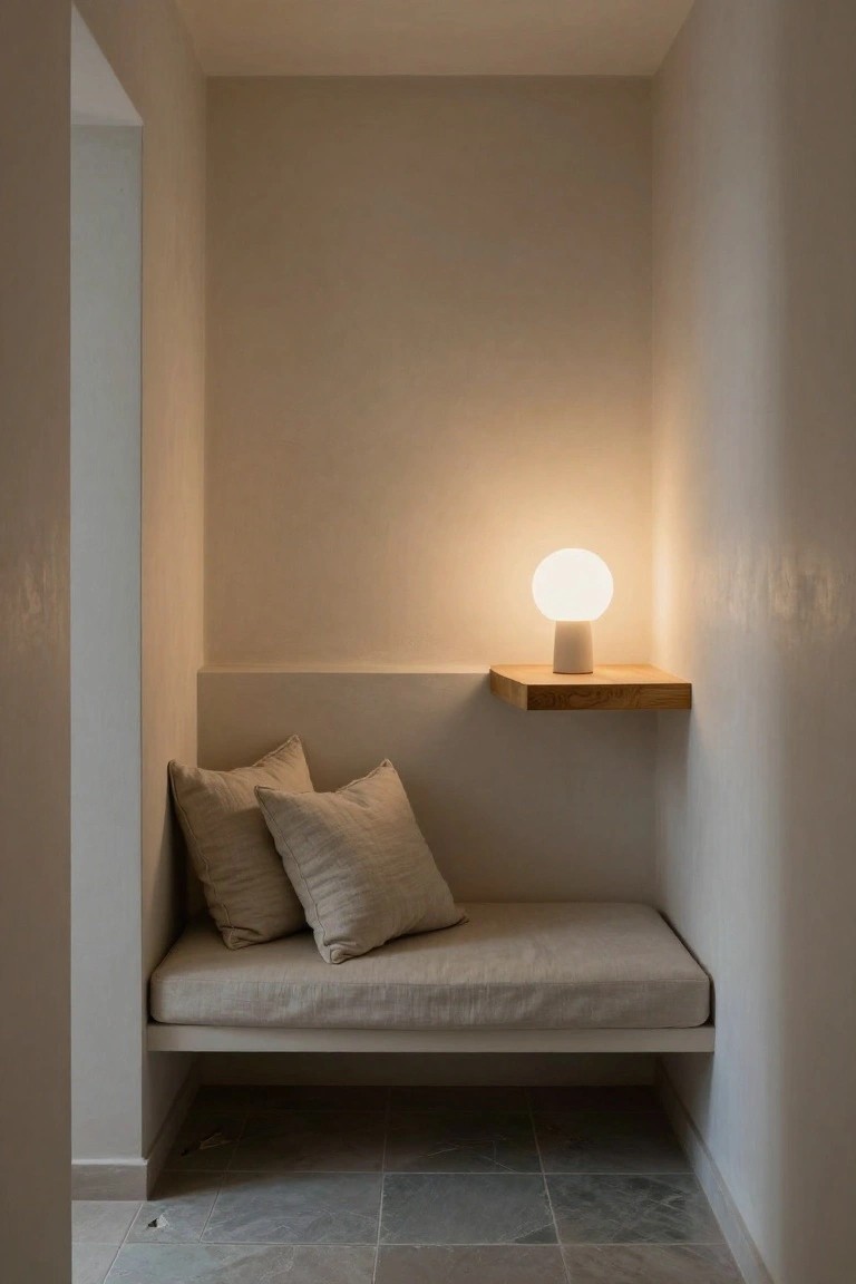 A minimalist alcove with a built-in low bench covered in beige linen cushions, a floating oak shelf above holding a white opal glass lamp, light beige walls, and gray slate tile floor.