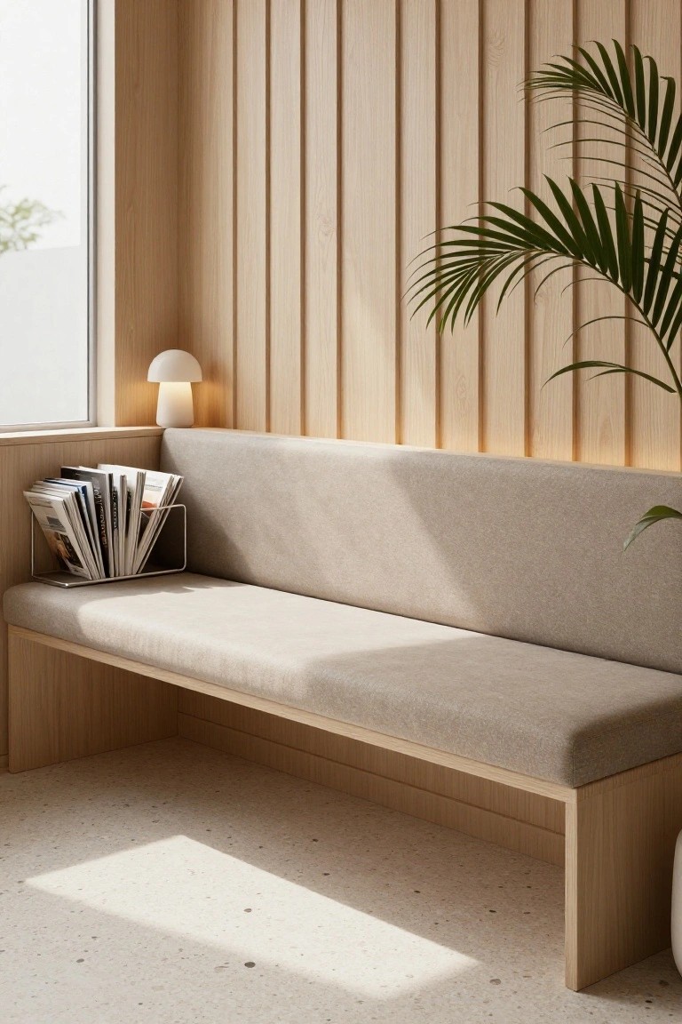 Blond wood vertical wall paneling in a corner with built-in bench seat on beige cushion holding metal magazine rack, white mushroom-shaped wall lamp, potted palm plant, window with sheer view, and light terrazzo floor.