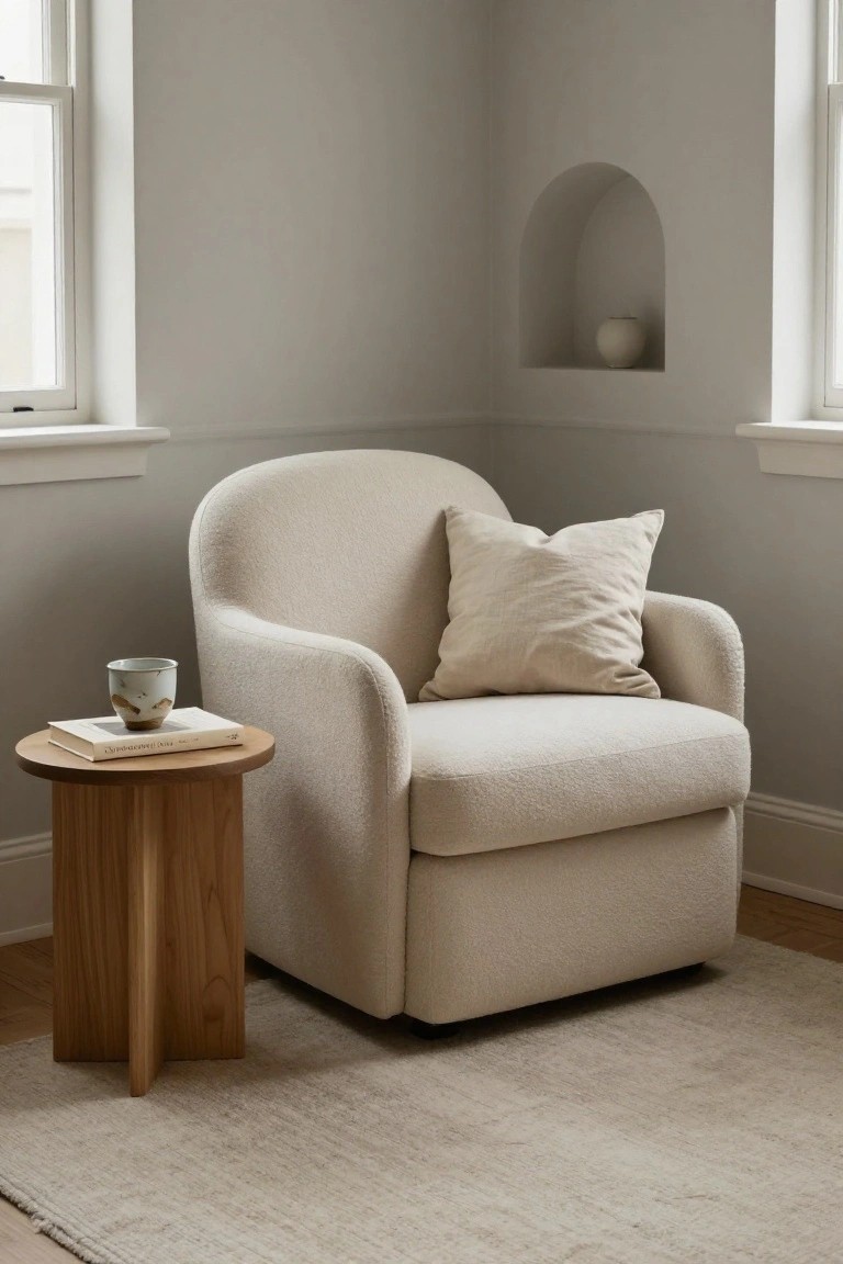 Cream-colored curved upholstered armchair in room corner next to wooden tripod side table with book and ceramic mug, arched wall niche holding white vase, pale gray walls, large windows, and beige rug.