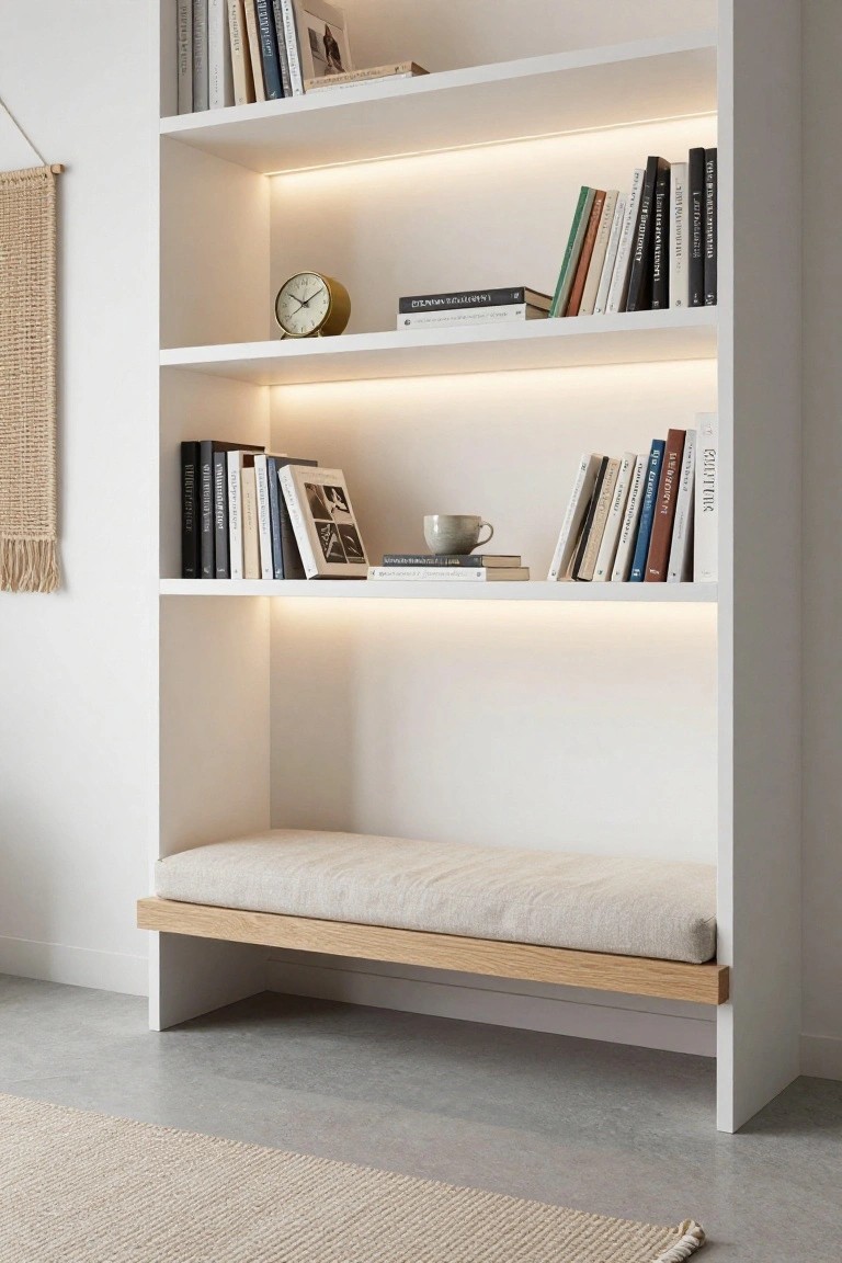 White floor-to-ceiling bookshelf with integrated oak bench and beige cushion at the base, books on shelves, gold clock, ceramic cup, soft LED lighting underneath shelves, beige wall hanging, and light floor in minimalist room.