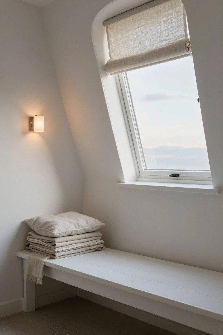 White wooden bench with stacked beige pillows and folded linens under a large slanted window with linen roller shade partially raised, soft wall light nearby, and pale walls in a light-filled room.