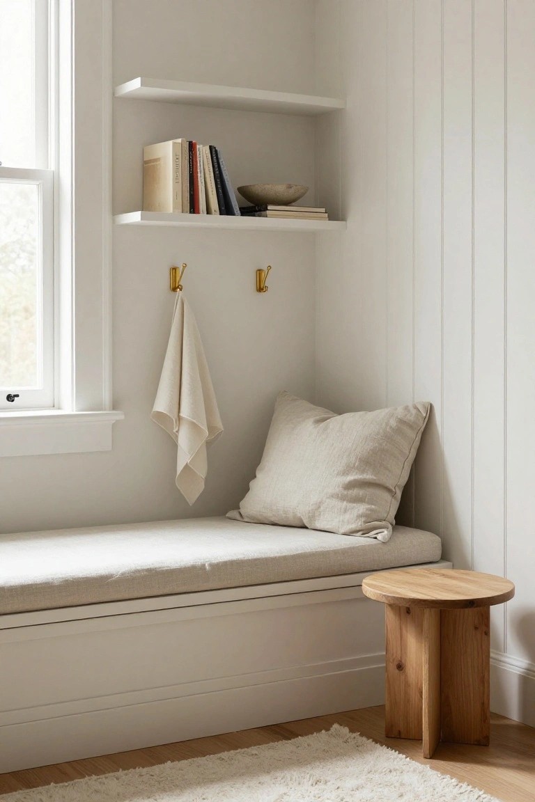 White paneled corner room with floating shelves holding books and a ceramic bowl, gold hooks with white towels, cushioned bench under a window, round wooden stool, light wood floor, and white rug.