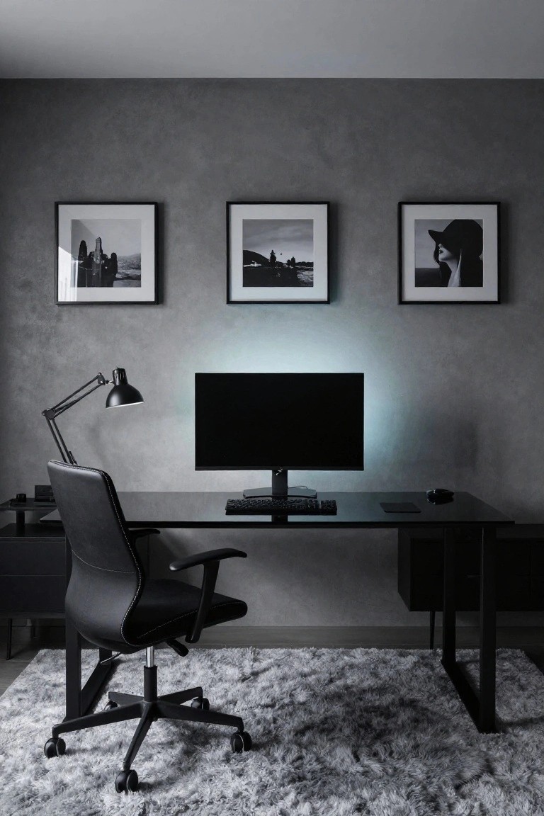 Modern home office interior with black glossy desk, leather office chair, black monitor, mechanical keyboard with blue underglow, adjustable lamp, and black-and-white photos on gray textured walls.