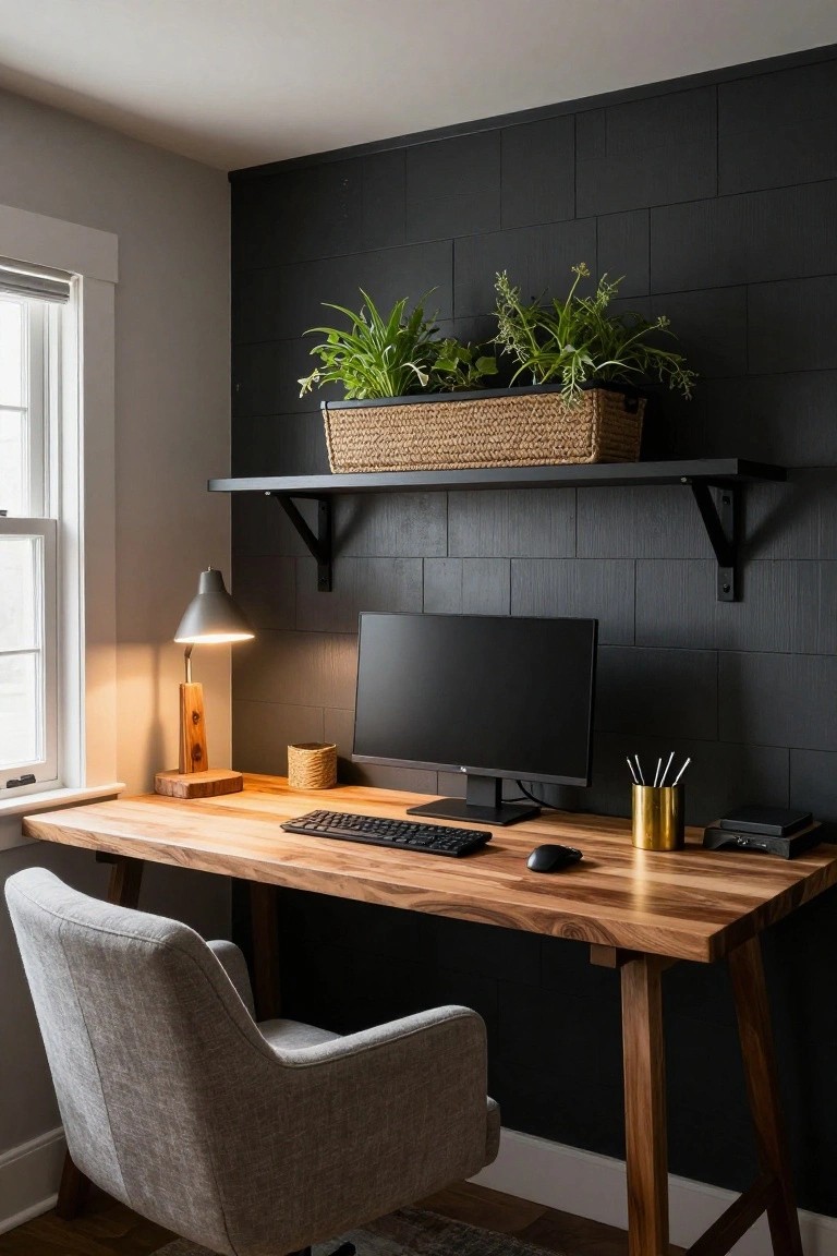 Corner home office with light wood desk holding black monitor, keyboard, mouse, gold mug, and lamp, against dark tiled wall with plants in basket on black shelf above, gray upholstered chair, and window to the side.