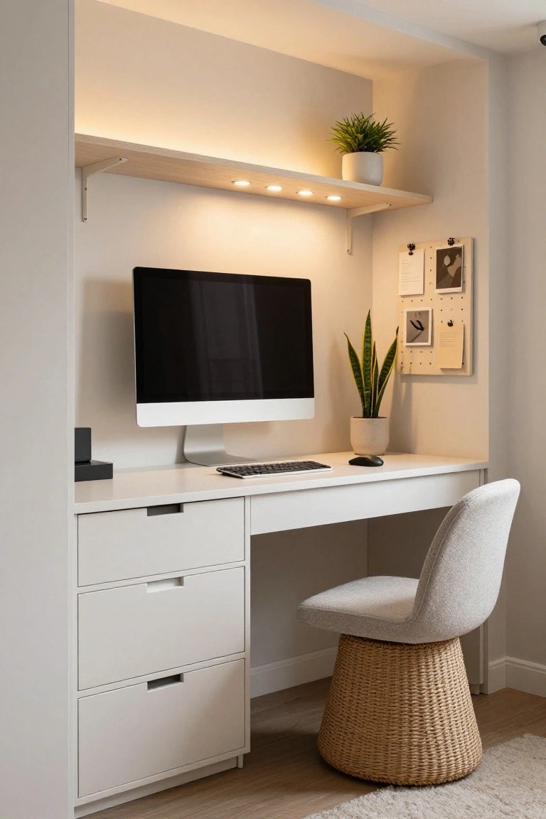 White desk with three drawers built into a shallow wall recess, topped by a wooden shelf with potted plants and LED lights, iMac monitor and keyboard on desk surface, snake plant beside, rattan chair in front on wood floor.