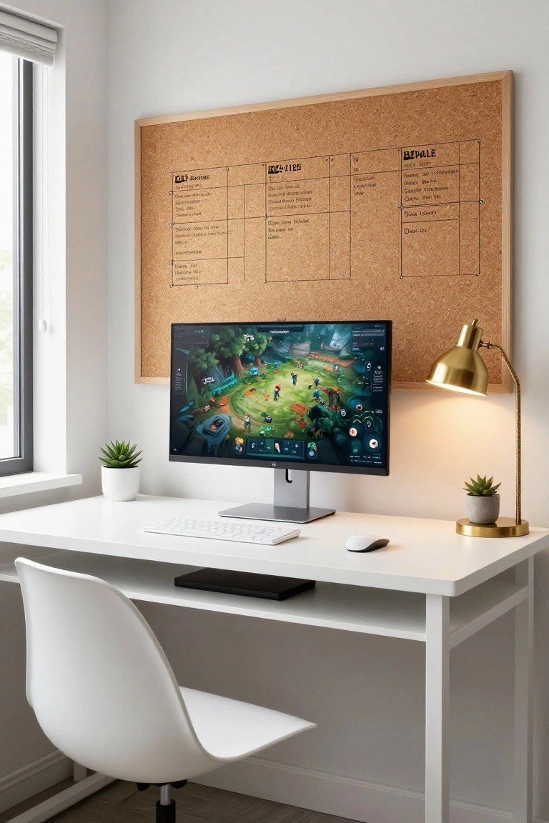 Modern home office with white desk holding keyboard, mouse, and black stand, central gaming monitor showing green field scene, white curved chair, two potted succulents, gold desk lamp, and tall corkboard on wall with pinned task lists beside window with blinds.