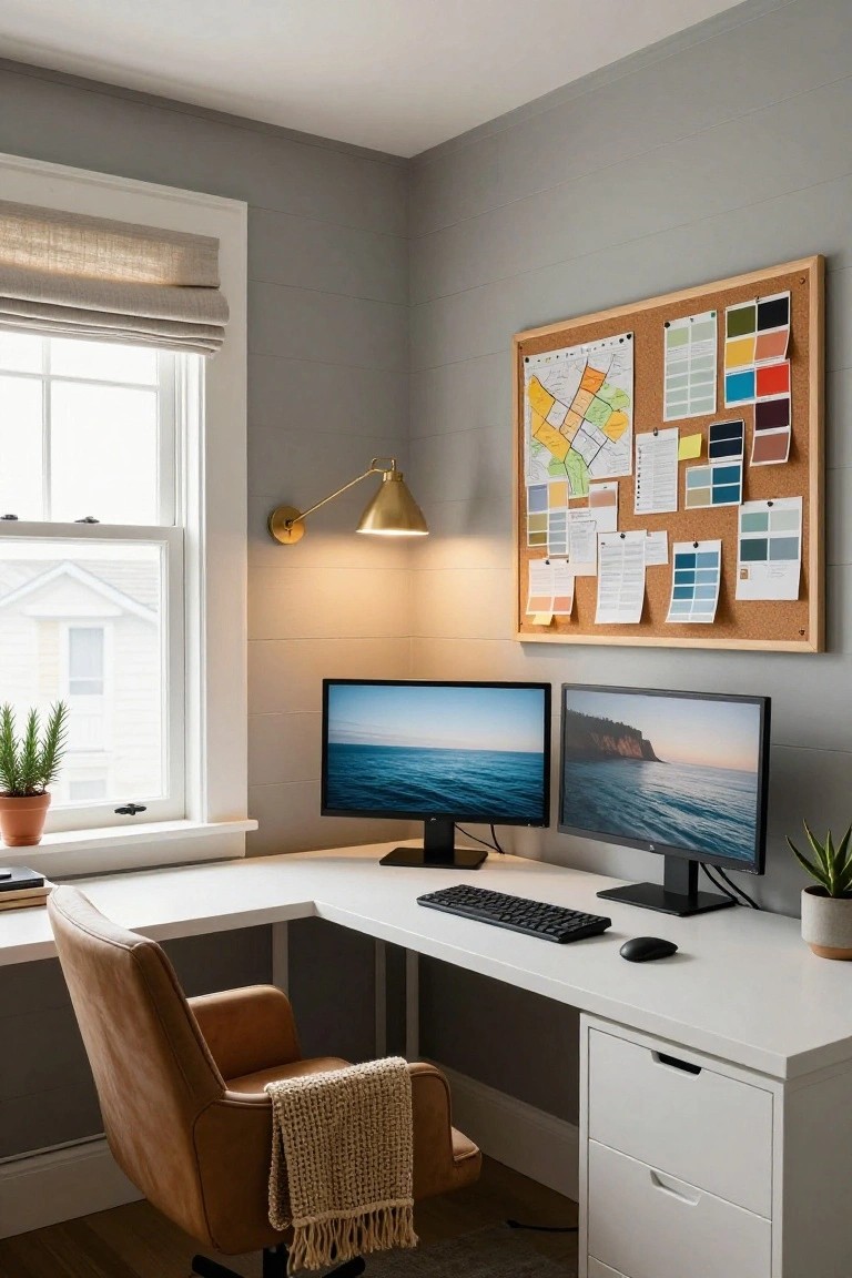 Home office corner with white L-shaped desk holding two side-by-side computer monitors, tan leather chair with knit throw, corkboard displaying color swatches and map on gray shiplap wall, gold wall lamp, potted plants, and window to outside.