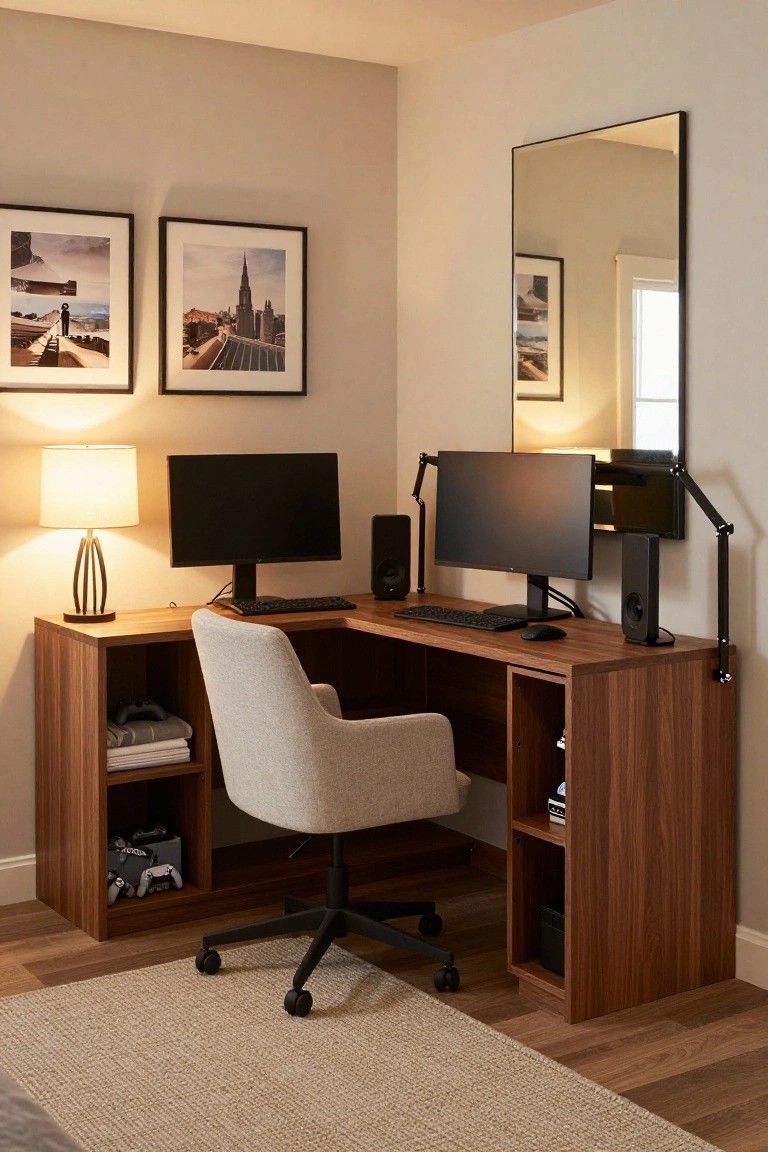 A home office corner with an L-shaped brown wooden desk holding dual black monitors, keyboard, mouse, speakers, a beige upholstered chair, white lamp, wall mirror, and framed photos.