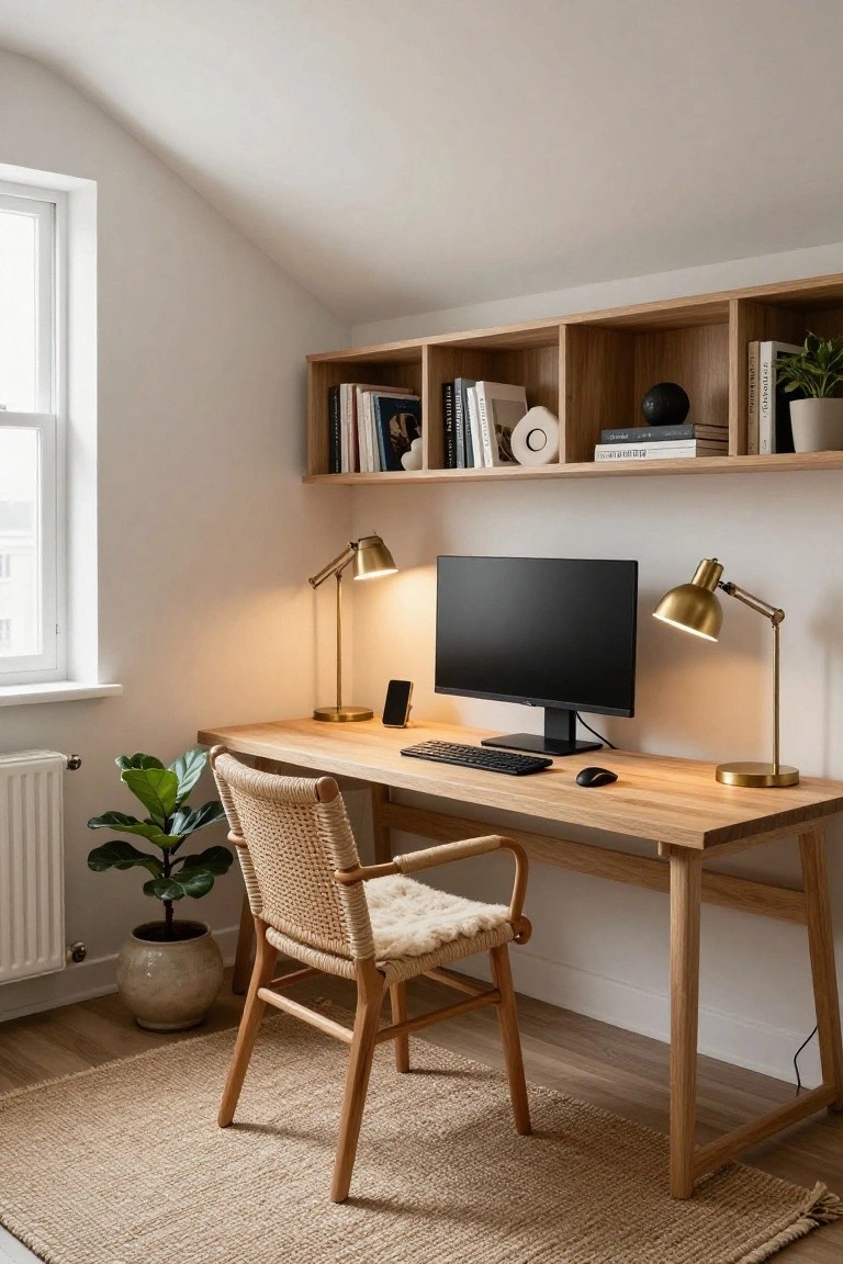 Attic home office with sloped white ceiling, floating oak wall shelves holding books and plants, wooden desk with black monitor, keyboard, mouse, two gold desk lamps, rattan chair with sheepskin cushion, fiddle leaf fig plant in pot, and beige rug on wood floor.