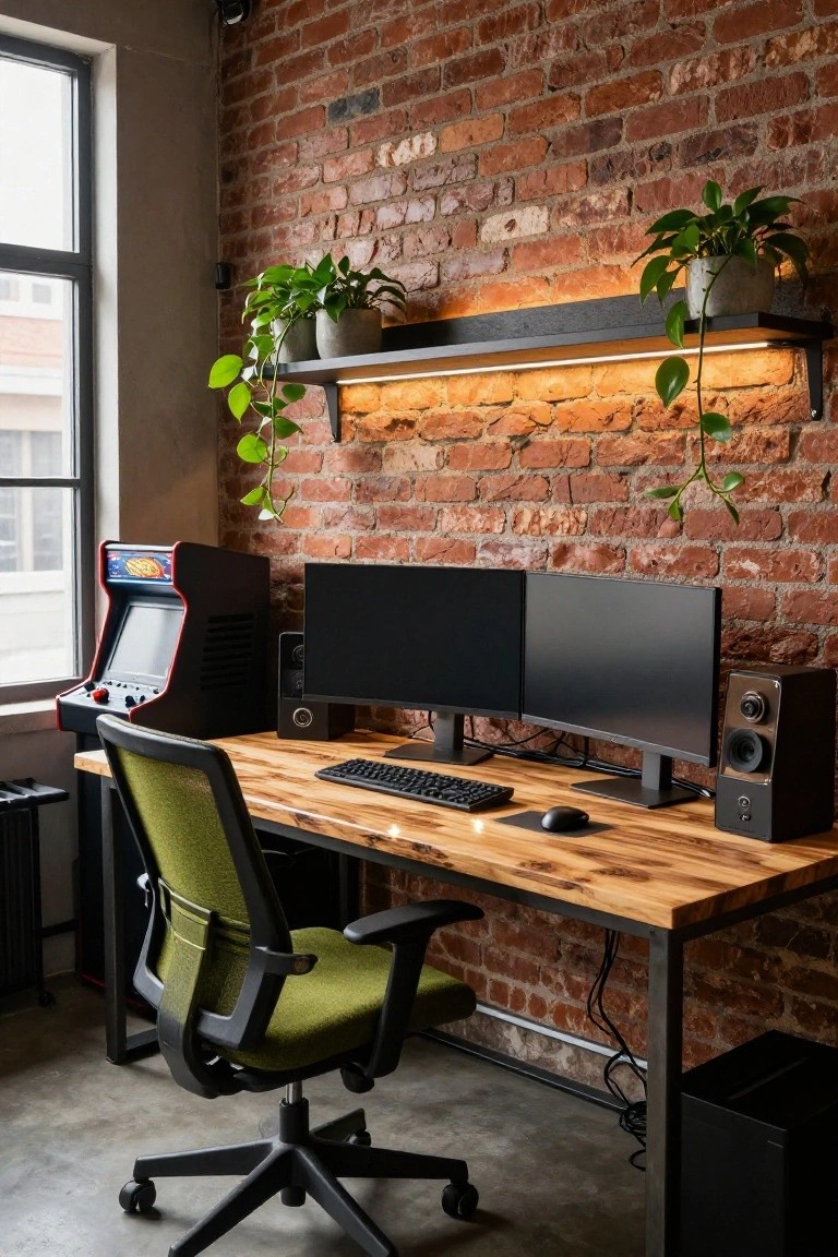 Home office with exposed red brick walls, wooden desk holding dual black monitors and keyboard, green mesh chair, red arcade machine cabinet, potted hanging plants on shelf with LED light, black speakers, and metal radiator nearby.