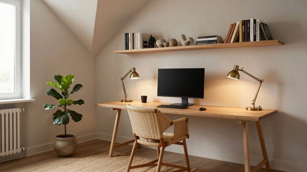 Attic home office with sloped white ceiling, floating oak wall shelves holding books and plants, wooden desk with black monitor, keyboard, mouse, two gold desk lamps, rattan chair with sheepskin cushion, fiddle leaf fig plant in pot, and beige rug on wood floor.