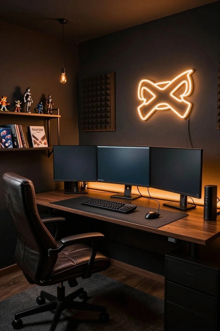 A dark home office with a wooden desk holding three black monitors, a mechanical keyboard, mouse, and mouse pad, plus a leather swivel chair, neon orange sign on the wall, shelves with figurines and books, and acoustic panels.