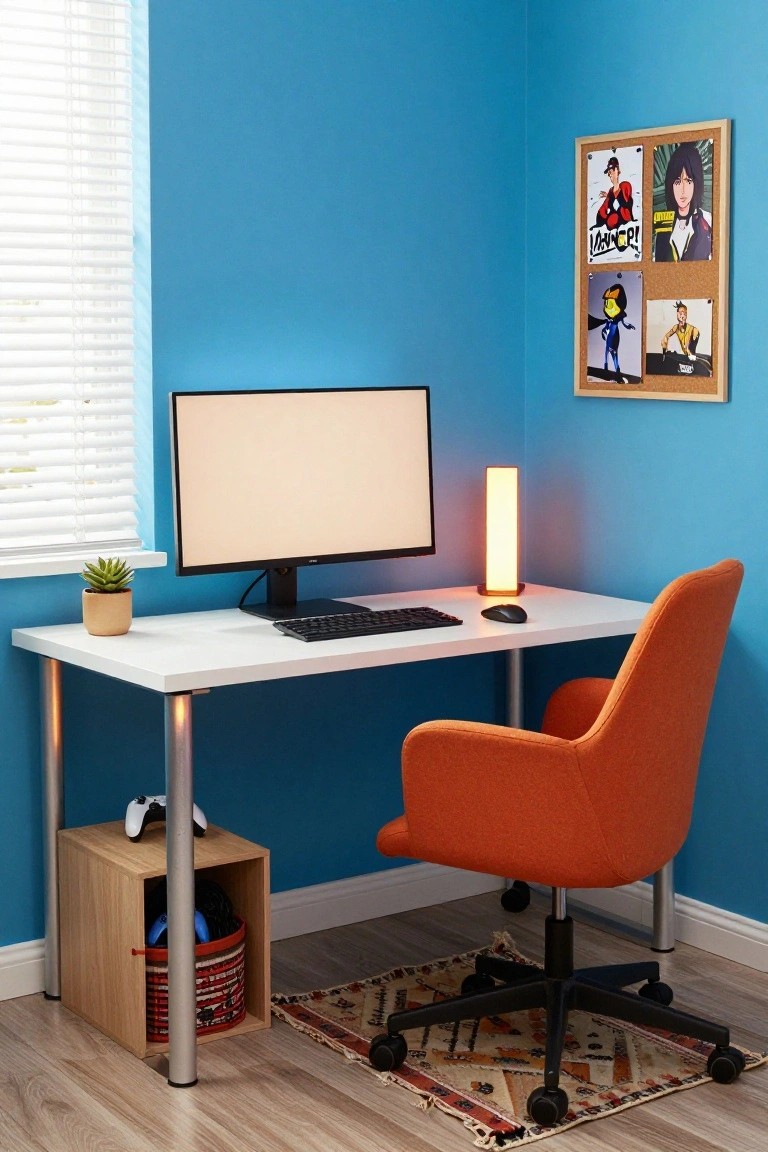 Corner home office setup featuring blue walls, a white desk with monitor and keyboard, orange accent chair, gaming controller on a wooden shelf below the desk, potted succulent, and a corkboard with posters.