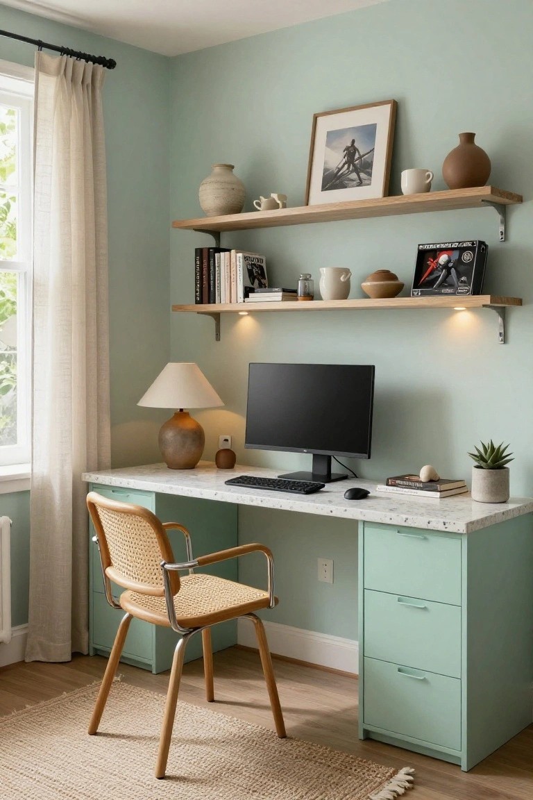 Home office with mint green pedestal desk featuring drawers and terrazzo countertop, wooden chair, black computer monitor keyboard and mouse, desk lamp, potted succulent, floating oak shelves holding books ceramics pottery mug and records, sage green walls, sheer curtained window, and beige rug on wood floor.