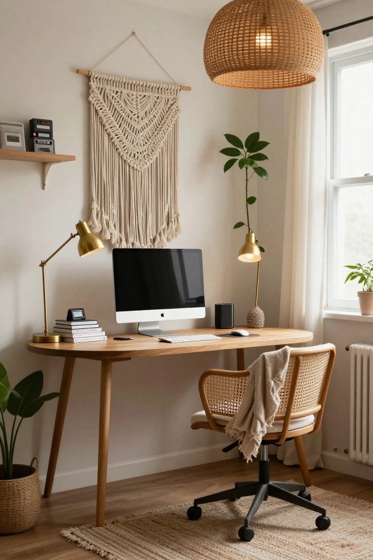 A light wood oval desk in a bright home office with iMac monitor, gold desk lamps, rattan chair with cream throw, macrame wall hanging, potted plants, woven pendant light, and seagrass rug on wood floor.