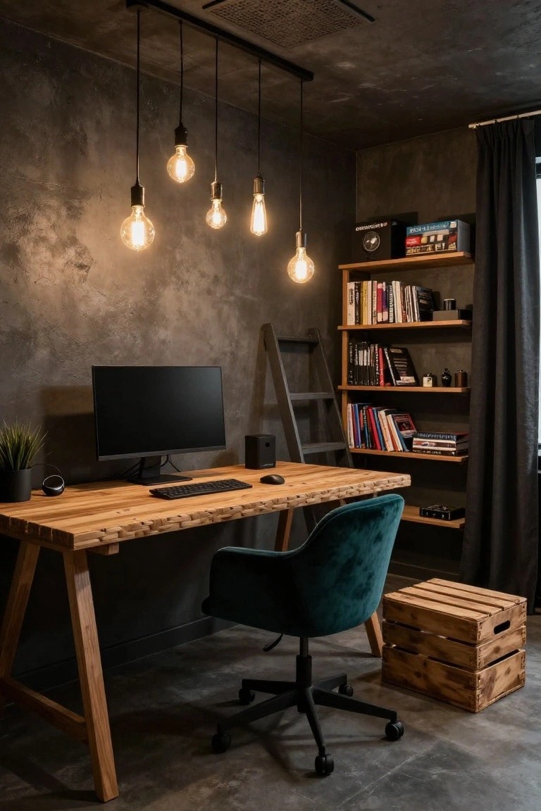 Home office with exposed concrete walls, wooden trestle desk topped with black monitor keyboard and mouse, green velvet swivel chair, wooden bookshelves with books, ladder shelf, pendant Edison bulb lights, and wooden crates on concrete floor.