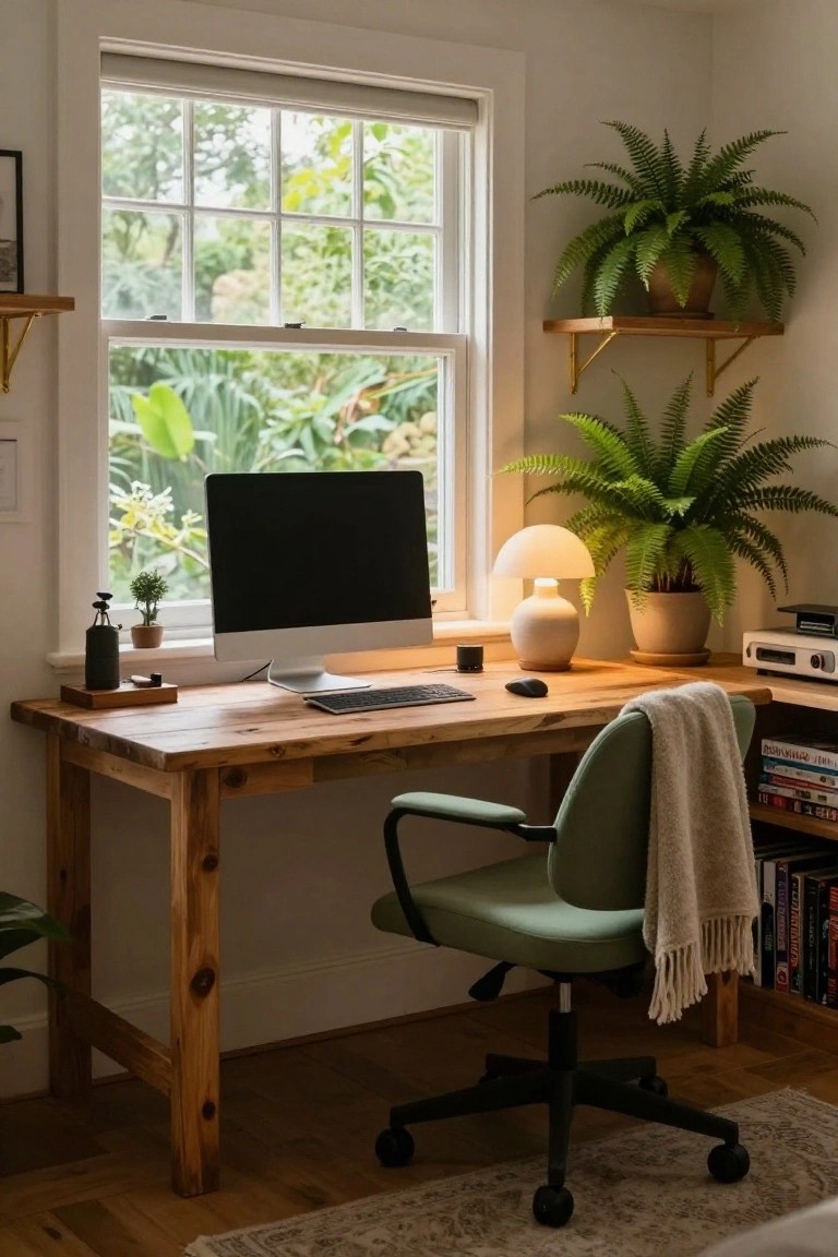 Home office with a large rectangular wooden desk holding a blank iMac monitor, keyboard, mouse, lamp, and small plants, plus a green swivel chair with a cream throw, ferns on shelves, and a window showing outdoor greenery.