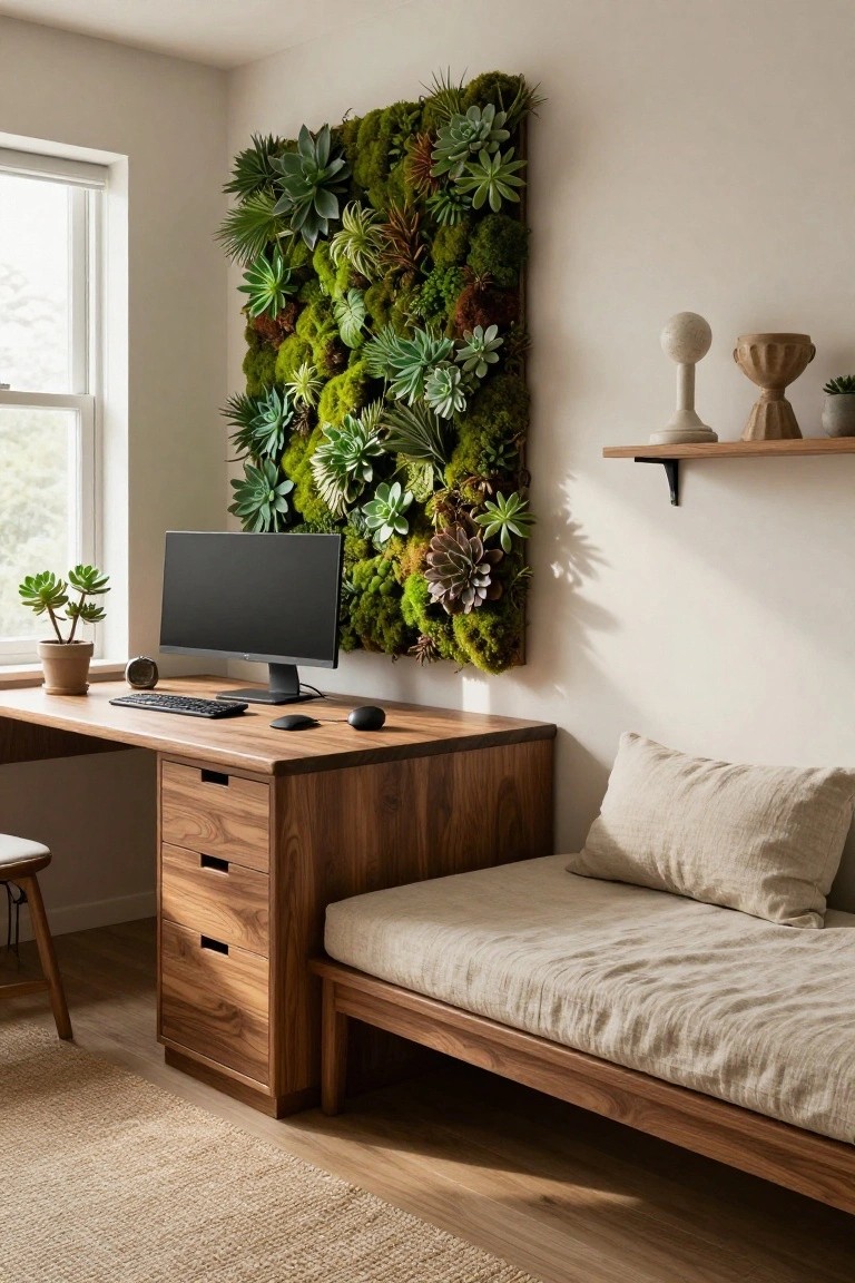 Modern home office featuring a tall vertical living wall of green moss, succulents, and ferns beside a window, with a wooden desk holding a black computer monitor, keyboard, mouse, and potted plant, plus an adjacent wooden daybed with beige pillow.