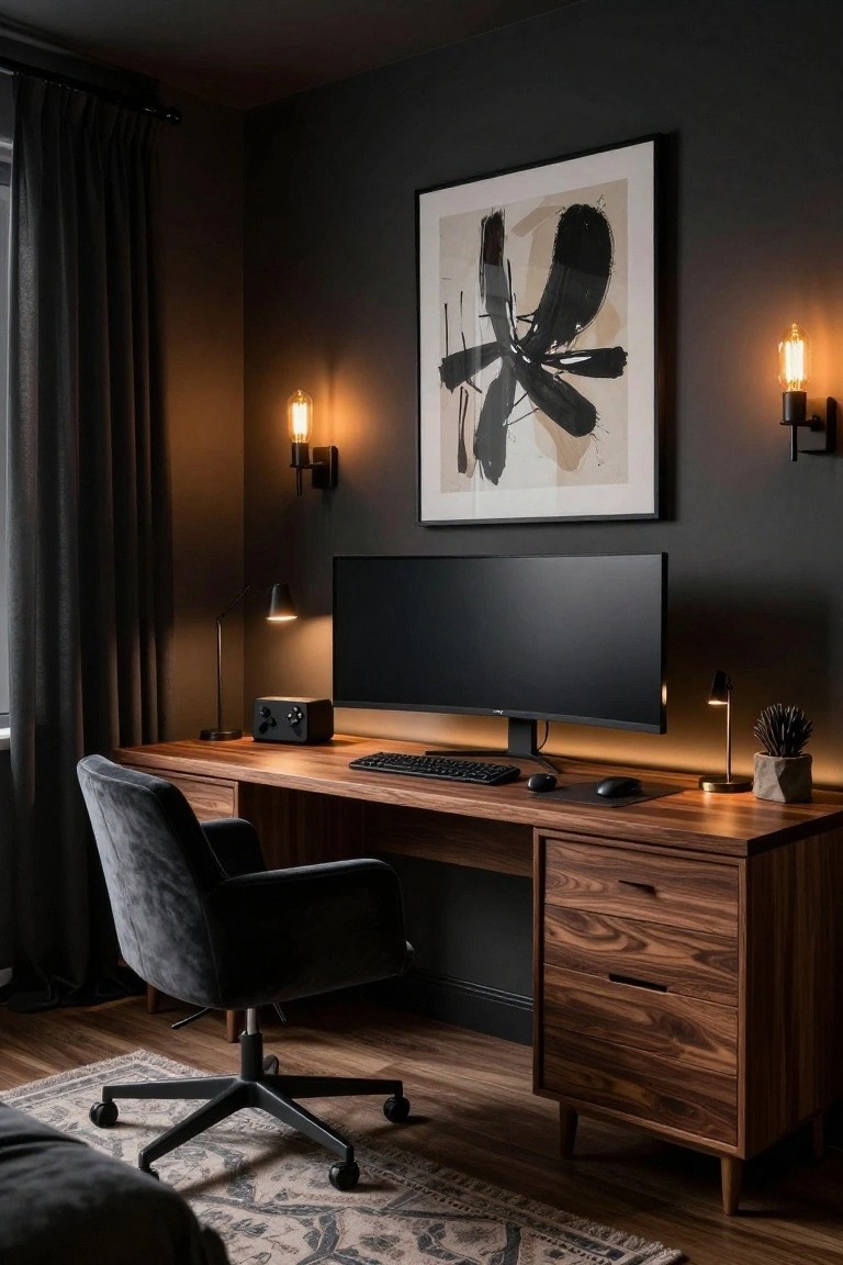 Dark gray home office corner with walnut wood desk and credenza, curved black monitor, keyboard, mouse, Xbox controller dock, black velvet desk chair, task lamps, abstract wall art, and black curtains.