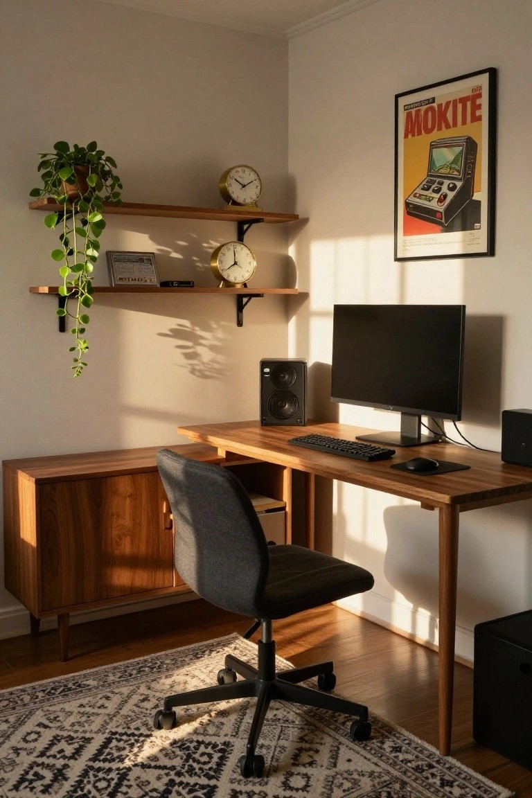 A home office corner with wooden desk and cabinet, gray office chair, black monitor on stand, keyboard, mouse, speakers, wooden shelves holding plants clocks and radio, and a retro gaming poster on white wall.