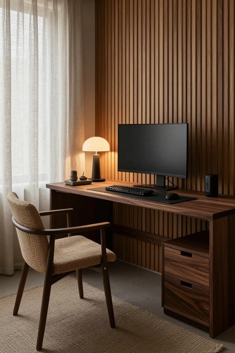 Modern home office with walnut desk holding a monitor, keyboard, mouse, and lamp, plus a textured fabric armchair, vertical wood slat wall, sheer curtains, and floor speaker.
