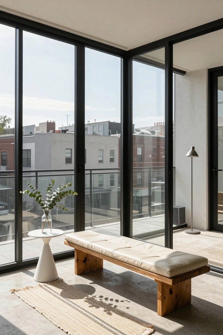 Corner of a modern sunroom with floor-to-ceiling black-framed glass windows overlooking a balcony and city buildings, a light wooden bench with white leather cushion, white tapered side table holding eucalyptus branches in a vase, beige rug, and floor lamp on a light gray tile floor.
