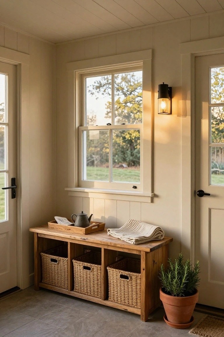 Small beige paneled interior room with double glass doors, large window overlooking green yard and trees, wooden bench with wicker baskets in cubbies, wooden tray holding teapot on bench, potted rosemary plant, and rag rug on floor.