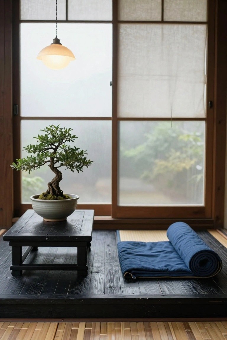 Japanese-style interior room with shoji screen windows showing a misty outdoor view, a bonsai tree in a white pot on a low black table, hanging milk glass lamp, and rolled blue futon on dark wood floor.