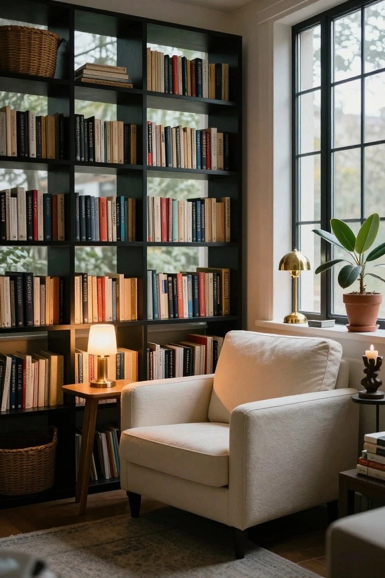Tall black grid bookshelves lined with books surround a cream fabric armchair beside a wooden side table with a lamp, in a room with a large window, potted plant, and brass lamp.