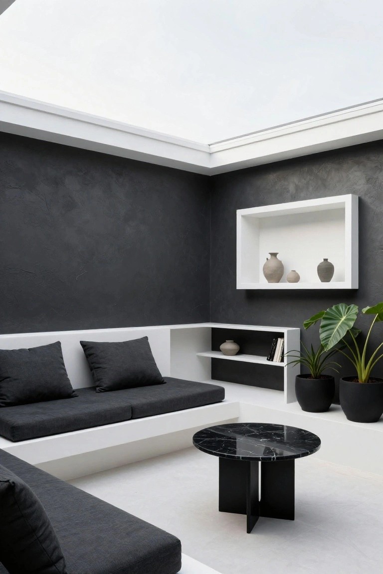 Modern interior corner with L-shaped built-in gray sofa cushions, adjacent white shelving unit holding ceramic vases, books, and potted plants, black marble round table on white floor, black textured walls, and skylight above.