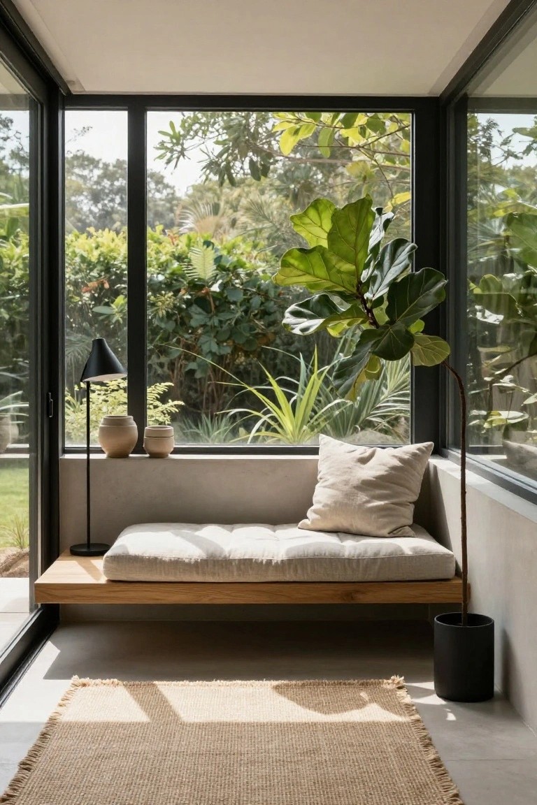 Modern sunroom interior with built-in wooden bench along window wall topped by white cushions and pillow, large potted ficus plant, black floor lamp, ceramic pots, seagrass rug on concrete floor, and large windows showing tropical garden outside.