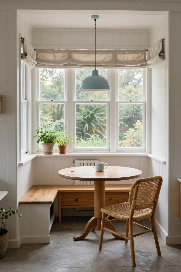 A sunroom nook with white paneled walls, a built-in wooden bench seat under a large triple window overlooking greenery, a round wooden pedestal table with a rattan chair, potted plants on the windowsill and floor, a blue pendant light, and a mug on the table.
