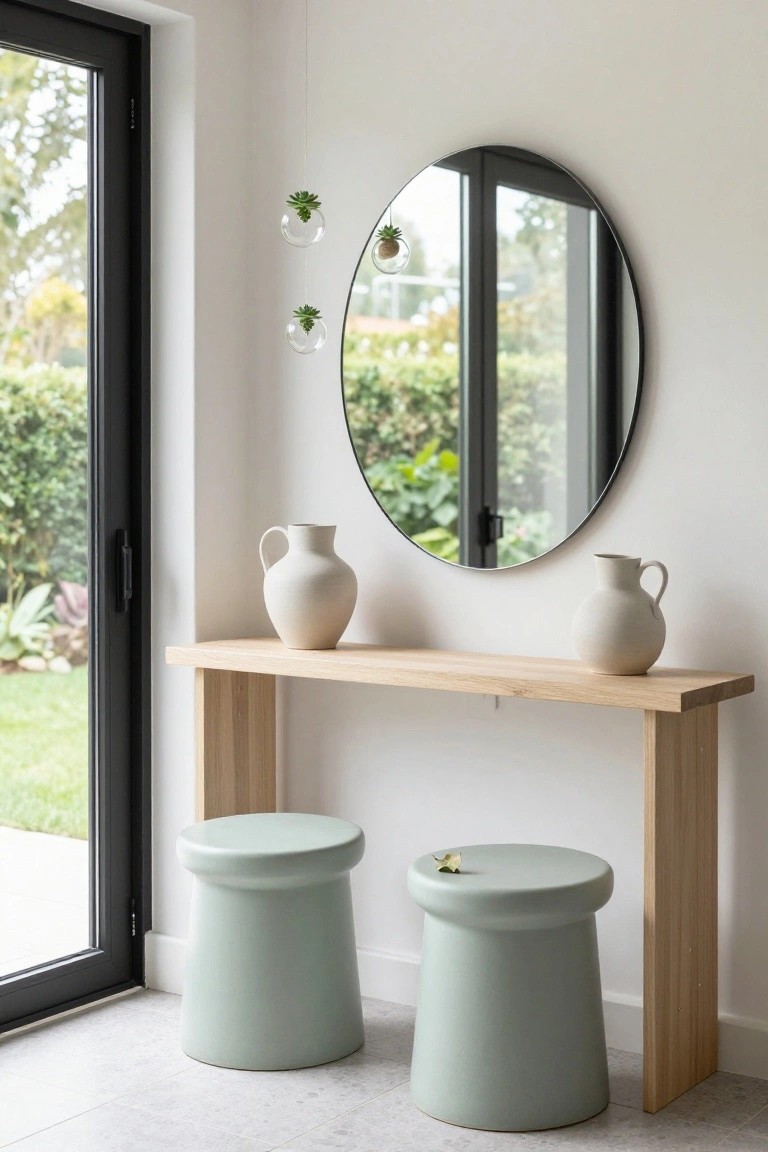 A modern entryway features a wooden console, round mirror, green stools, and ceramic vases.
