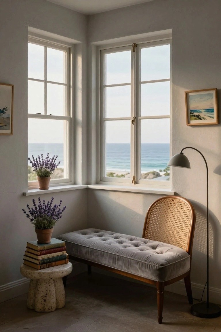 Corner of a light gray room with large white-framed windows overlooking the ocean and beach, a gray tufted bench beside a rattan armchair, stone stool holding stacked books and potted plant, potted lavender plants on windowsills, and a gray-shaded floor lamp.