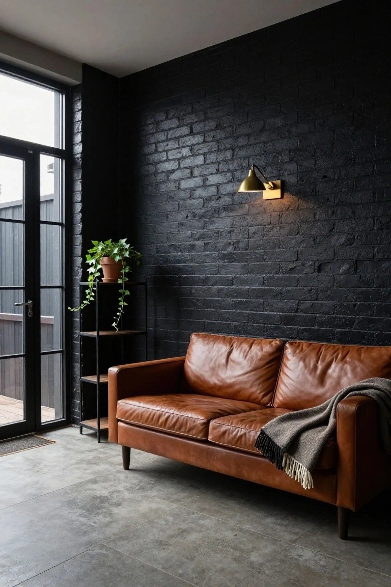 A tan leather two-seater sofa against a black brick wall in a sunroom with glass doors to a deck, trailing ivy plant on a black metal shelf, gold wall sconce, and polished concrete floor.