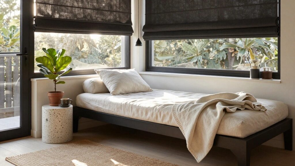 18 Modern Small Sunroom Designs For Clean Polished Style Modern bedroom interior featuring a low wooden platform bed with white linen bedding and throw, speckled ceramic side table holding two coffee mugs, large fiddle leaf fig plant in terracotta pot, and two large black-framed windows with views of trees and yard.