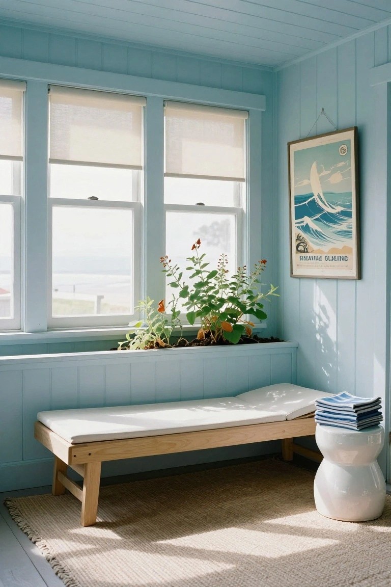 Bright blue room with a wooden bench, potted plants, and stacked towels.