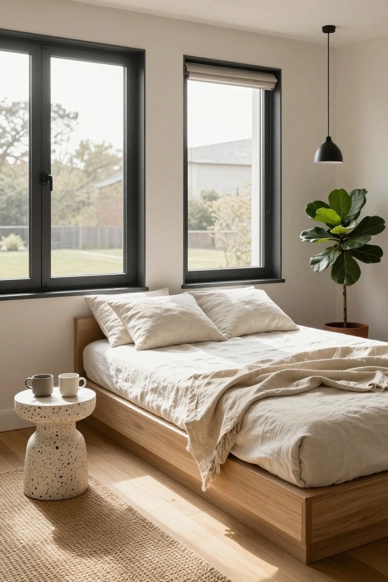 Modern bedroom interior featuring a low wooden platform bed with white linen bedding and throw, speckled ceramic side table holding two coffee mugs, large fiddle leaf fig plant in terracotta pot, and two large black-framed windows with views of trees and yard.