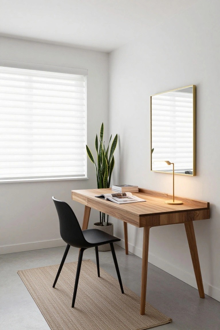 A white-walled room with a wooden desk topped by open magazines and a gold desk lamp, paired with a black molded chair on a beige rug, next to a tall snake plant and gold-framed mirror by a window with sheer blinds.