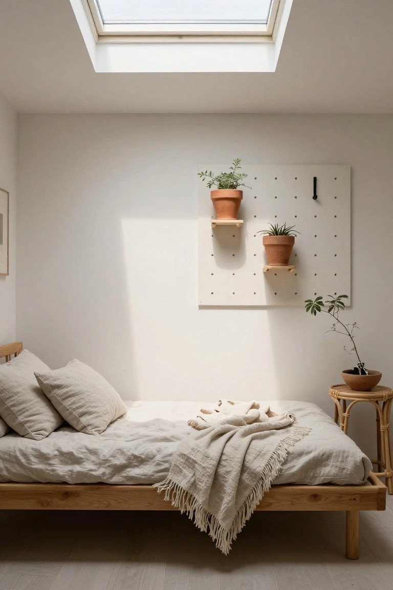 Small bedroom interior with wooden bed frame draped in white linens, pegboard wall holding terracotta plant pots on shelves, skylight above, and plants on a side table.