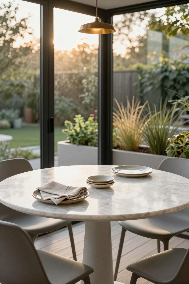 Round white marble pedestal table set with stacked plates, bowls, and linen napkin in a sunroom, grey molded chairs around it, large glass walls open to garden with plants and grass, brass pendant light overhead