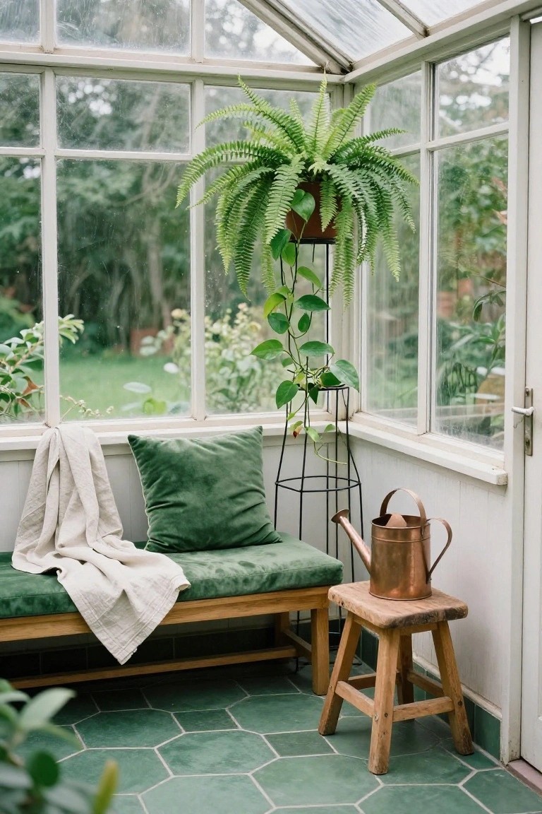 Green cushioned bench with pillows and linen throw draped over it in a glass sunroom, flanked by potted ferns on a metal stand, copper watering can on wooden stool, green hexagonal tiles on floor, and views of garden through windows.