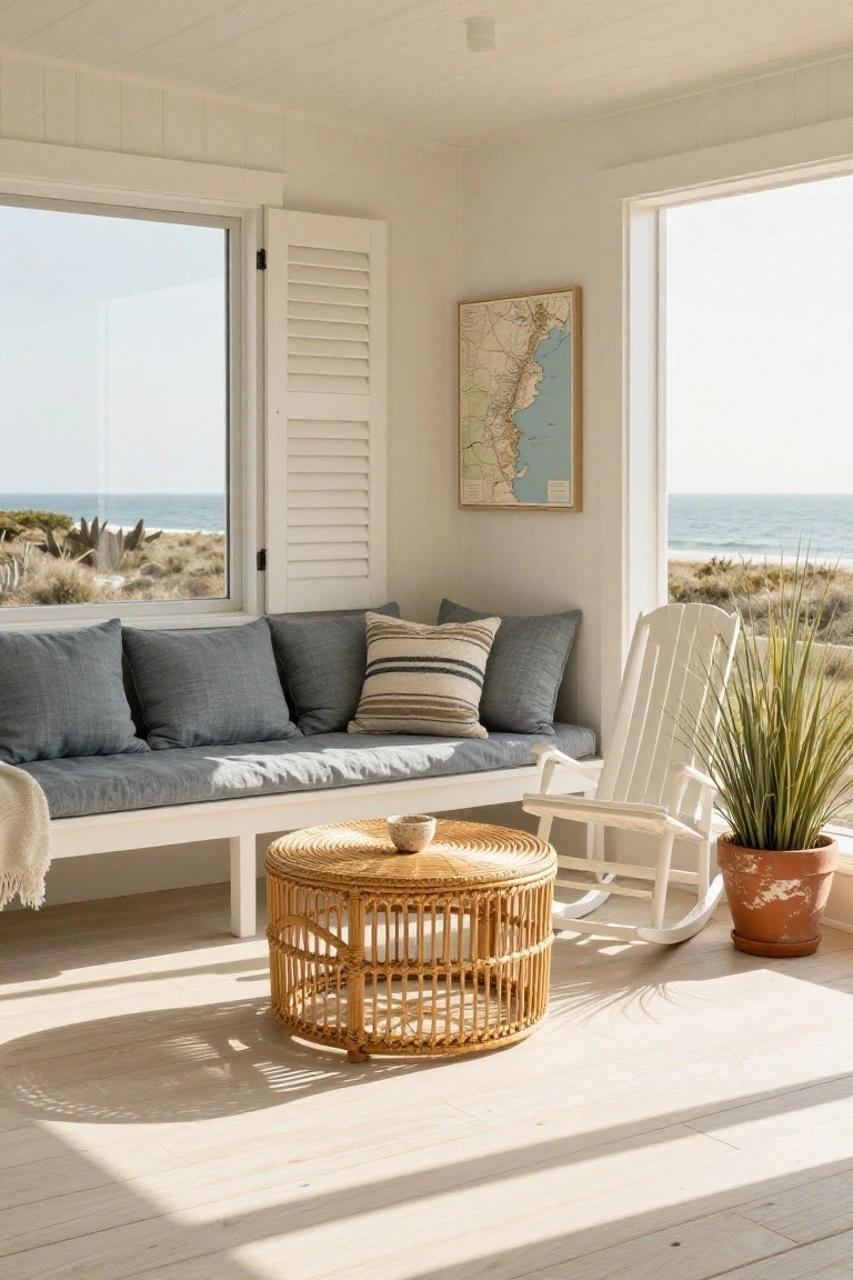 White shiplap-walled sunroom with built-in bench seat in blue cushions, striped throw pillows, rattan coffee table with mug, white rocking chair, potted plants, map on wall, and large windows showing beach dunes and ocean.
