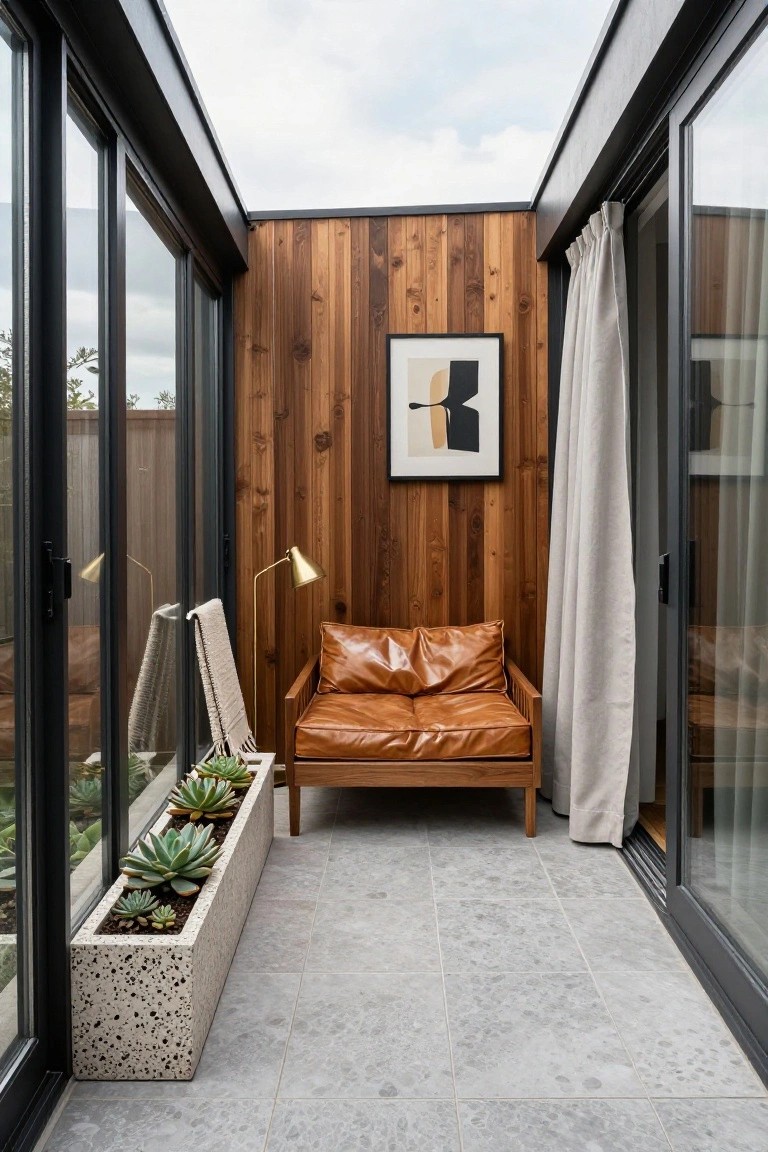 Narrow enclosed sunroom with floor-to-ceiling black-framed glass walls and doors on two sides, vertical cedar wood paneling on one wall, orange leather armchair, gold floor lamp, potted succulents in concrete planters, and light gray speckled tile floor.